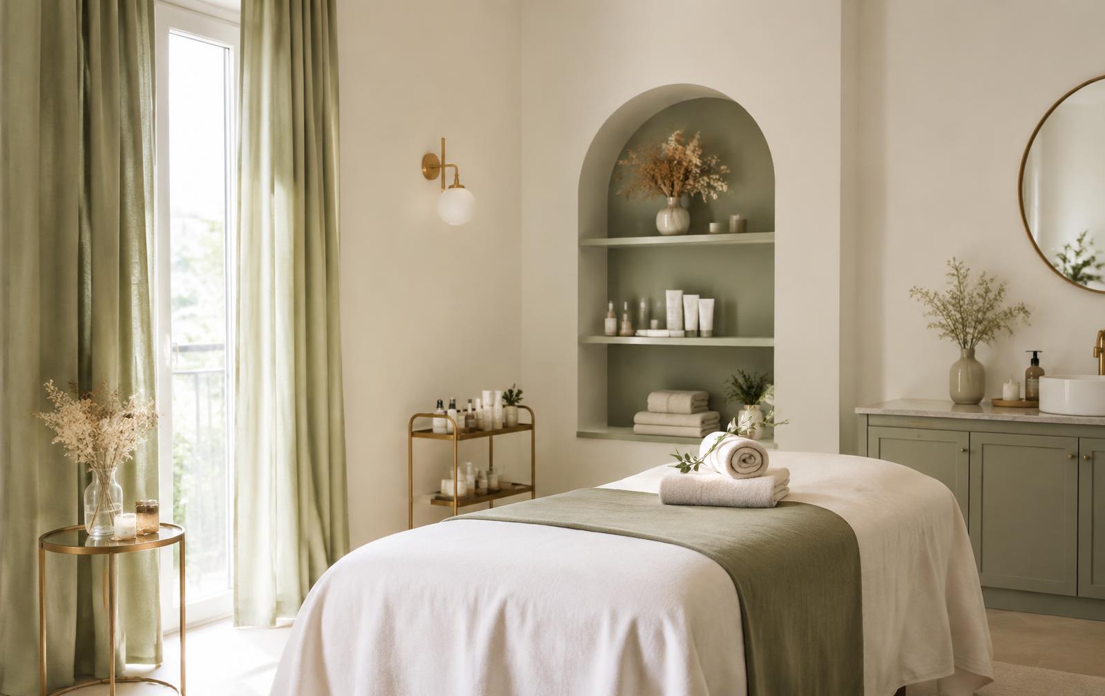 Cabina trattamenti luminosa con lettino, toni avorio e salvia